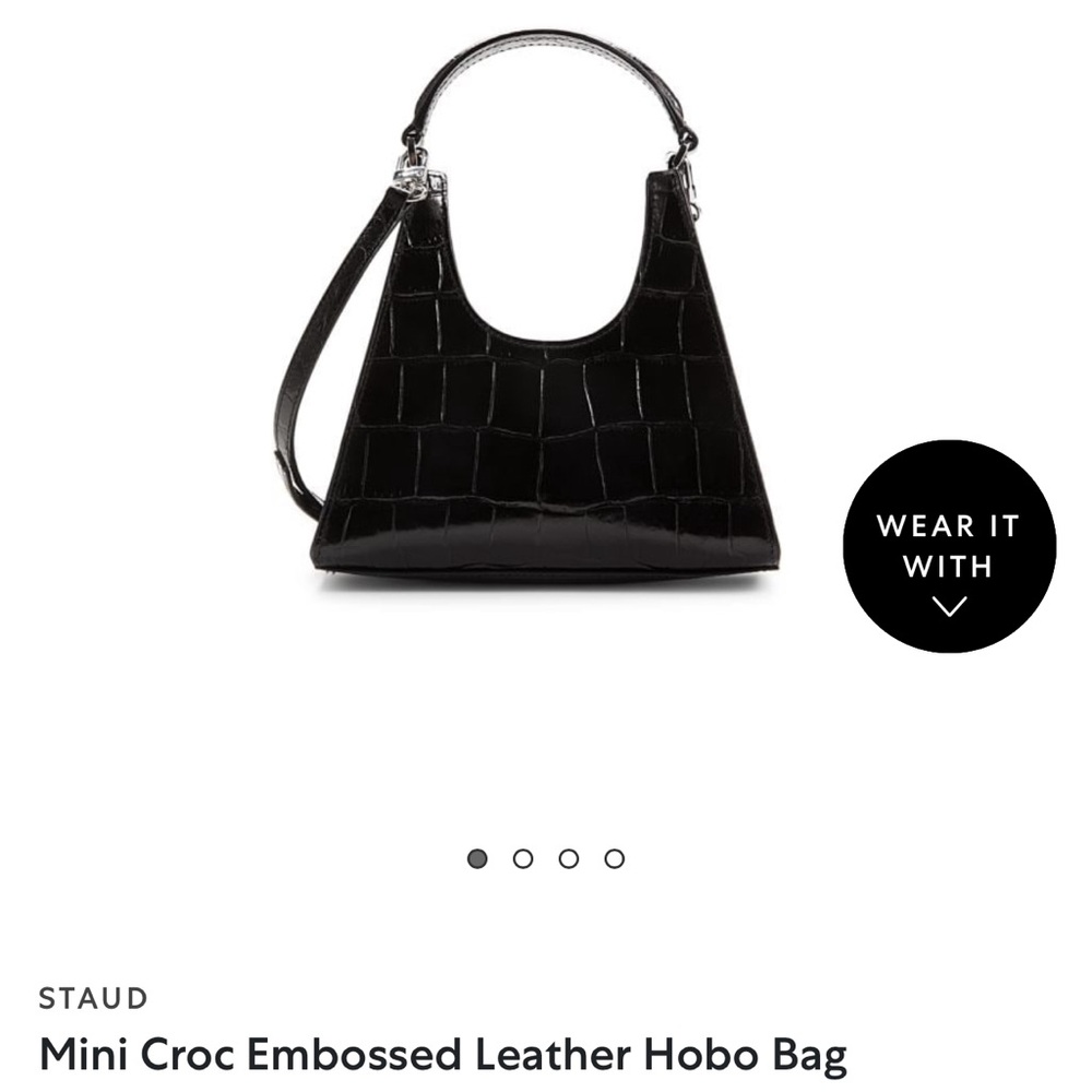 STAUD Mini Croc Embossed Leather Hobo Bag Black